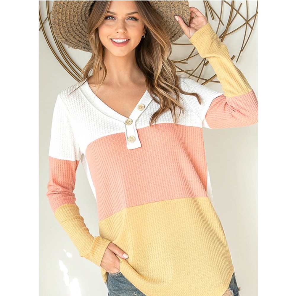 Spring Waffle Knit Top Casual Basic V-Neck Tops Summer Vacation Women’s Tops